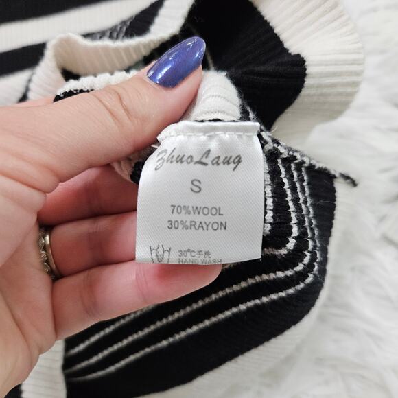 Hollow Out Striped Knit Mock Neck Floral Embroidered Wool Blend Sweater Size S - Picture 8 of 9